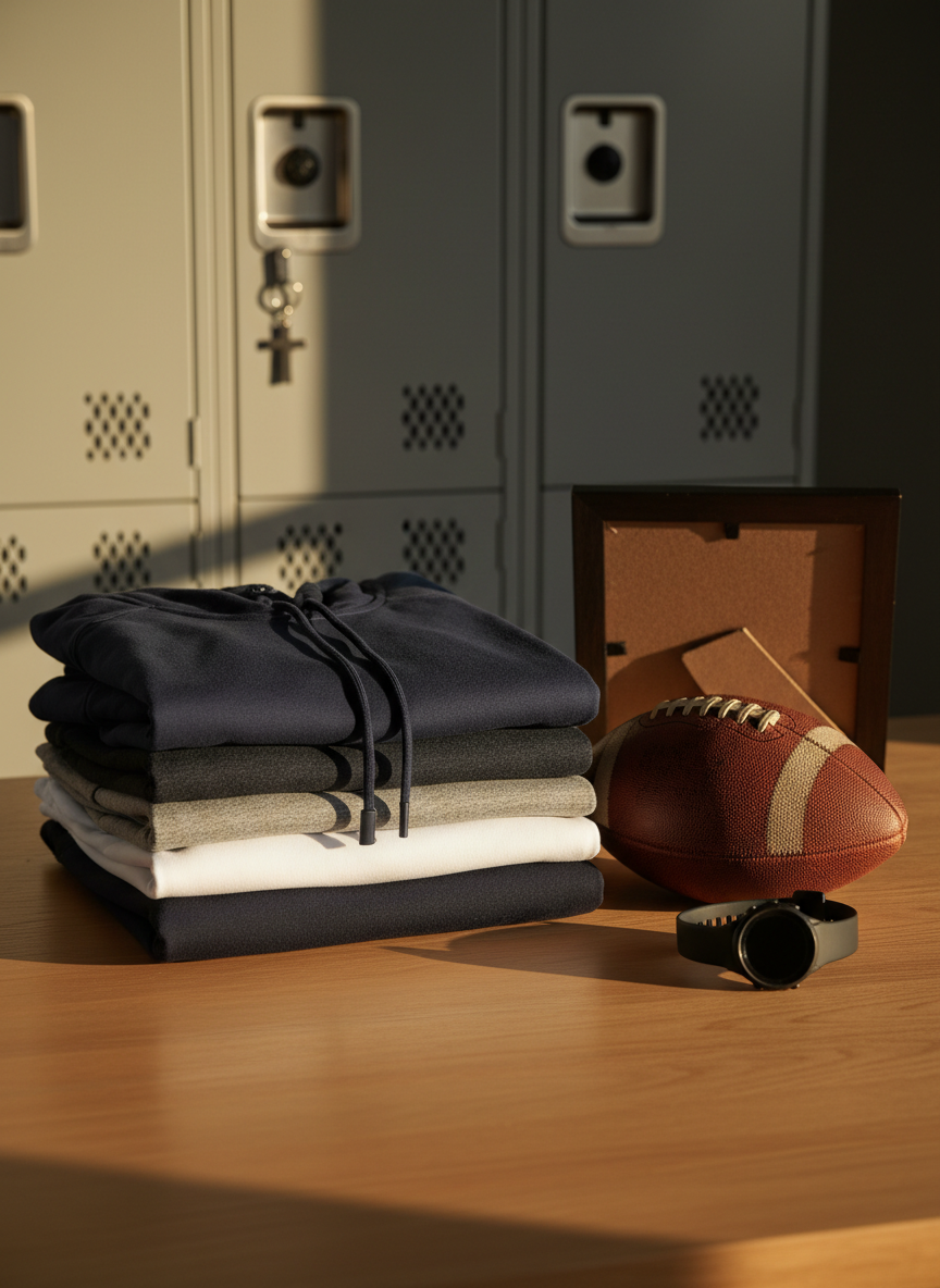 A meticulously folded stack of performance hoodies and moisture-wicking tees in deep navy, heather gray, and crisp white rests on a smooth, light oak table. Beside the stack, a well-worn leather football and a sleek, matte-black training watch symbolize dedication and discipline. In the background, a blurred metal locker door is adorned with a small, simple cross-shaped keychain and a family photo frame turned away from view, suggesting faith and loved ones without showing people. Warm late-afternoon natural light streams from the side, casting elongated shadows and highlighting fabric textures. Shot in photographic realism with a slightly elevated angle, the mood is grounded, hardworking, and hopeful, blending sports performance with understated, professional fashion.