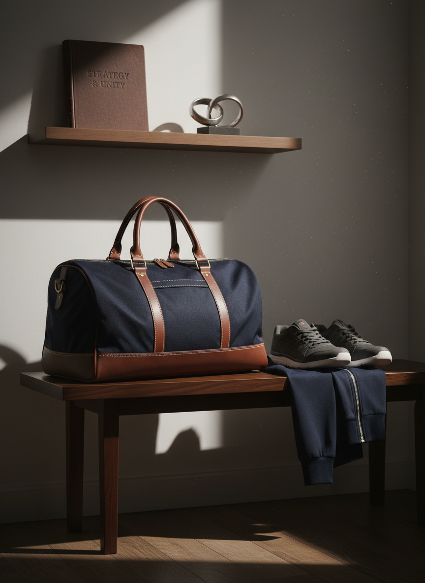 A single, elegant sports duffel bag made of rugged navy nylon with leather trim and precise stitching sits on a dark wooden bench in a quiet entryway. Next to it, a pair of neatly aligned cross-trainers and a folded, tailored track jacket hint at an early morning workout routine. A simple wooden shelf above holds a closed, well-used playbook and a small, minimalist metal sculpture of intertwined rings suggesting unity and family. Soft morning sunlight filters through unseen blinds, creating narrow beams and subtle dust motes in the air. Captured at a low angle in photographic realism, with balanced composition and gentle vignetting, the scene feels calm, disciplined, and purpose-driven.