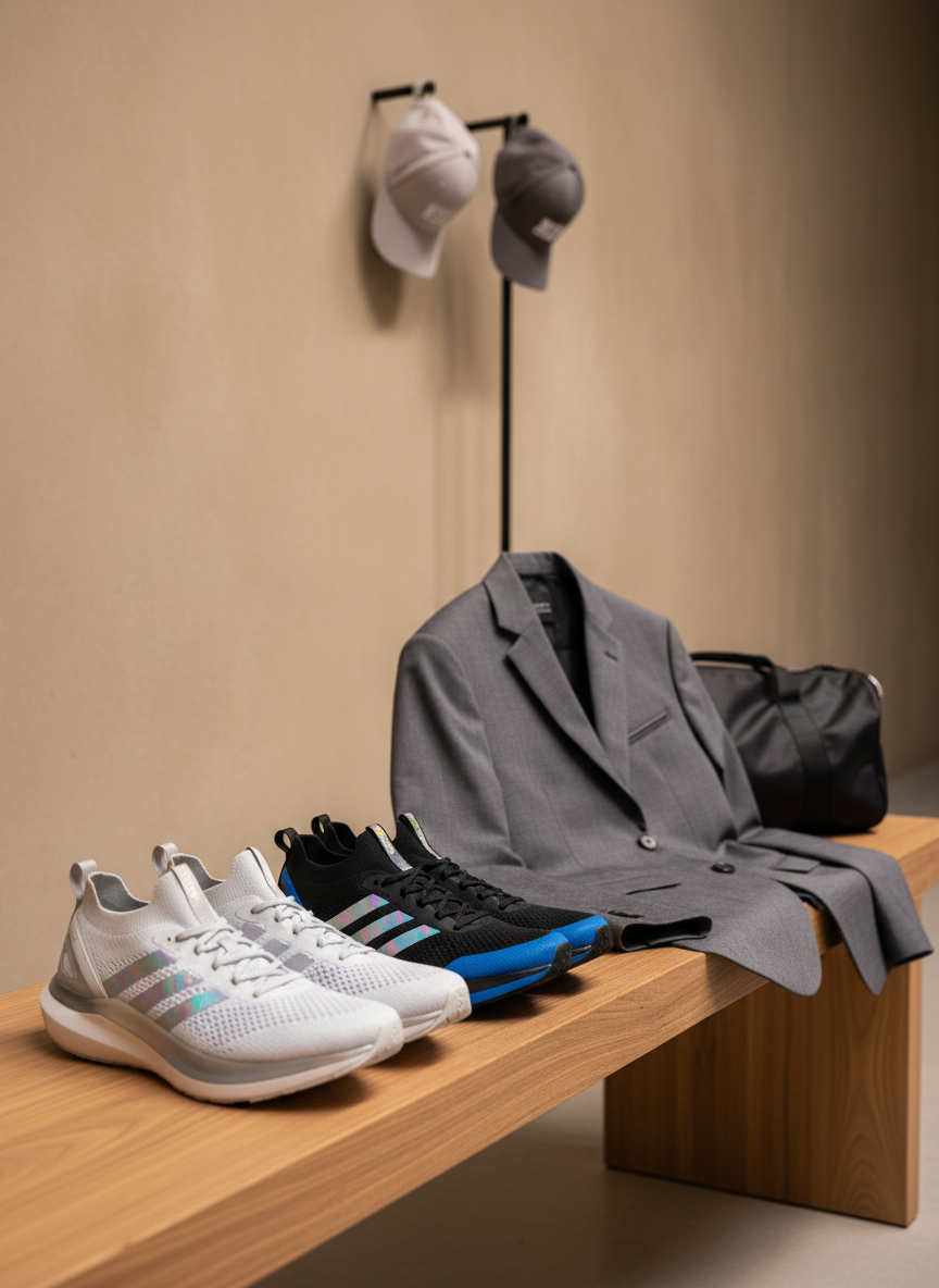 A neatly arranged collection of modern athletic footwear and tailored sports jackets displayed on a simple wooden bench, showcasing clean lines and premium materials. Sleek running shoes with textured mesh and subtle reflective details sit beside a structured, charcoal performance blazer with fine stitching and matte zippers. In the background, a blurred, neutral-toned wall features a minimal rack with a few carefully spaced caps and training bags. Soft, diffused daylight from an unseen window washes over the scene, creating gentle highlights on fabrics and rubber soles. Photographic realism at eye level, with a shallow depth of field, conveys a professional, aspirational mood that connects everyday hustle with refined sports style, clean and uncluttered composition.