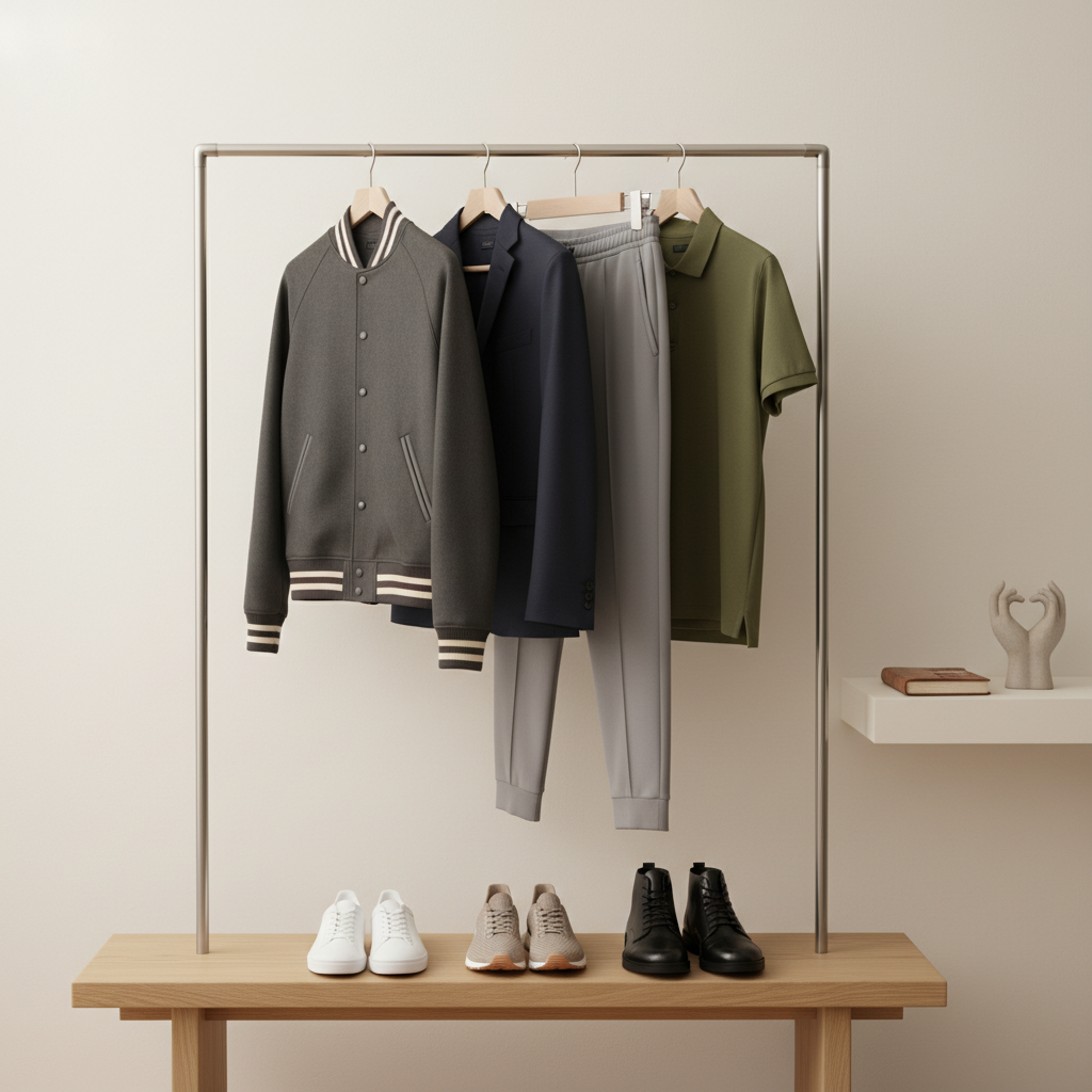 A minimalist wardrobe rail in a neutral-toned room, holding a curated selection of sports-inspired outfits: a tailored varsity-style jacket with subtle stripes, a sharp performance blazer, breathable joggers with crisp seams, and a structured polo in rich, understated colors. Below, on a low wooden bench, sit spotless white sneakers, textured knit trainers, and a pair of polished leather high-tops, all arranged with care. On a nearby shelf, a closed, well-worn journal rests beside a small, abstract sculpture resembling clasped hands, suggesting faith and perseverance. Soft, even studio-style lighting creates gentle highlights on fabrics and leather, with a clean white backdrop slightly out of focus. Photographic realism and centered composition convey a professional, aspirational mood that connects sport, style, and character.