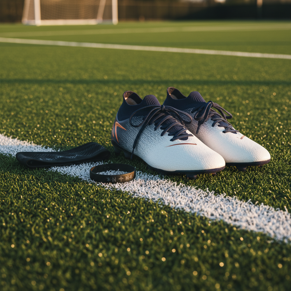 A close-up, eye-level view of a pristine white chalked sideline on a lush, deep-green turf field, with a pair of stylish, performance cleats resting just outside the boundary. The cleats feature a sleek, modern design with gradient coloring and textured uppers, laces tied with precise symmetry. Beside them lies a folded, moisture-wicking headband and a minimalist silicone bracelet etched with subtle symbols of faith, suggested through abstract shapes rather than text. Golden hour sunlight bathes the scene in warm tones, casting long, soft shadows and subtle highlights on the grass blades. Photographic realism with shallow depth of field blurs the distant goalposts, creating a focused, reflective mood about preparation, integrity, and staying grounded.