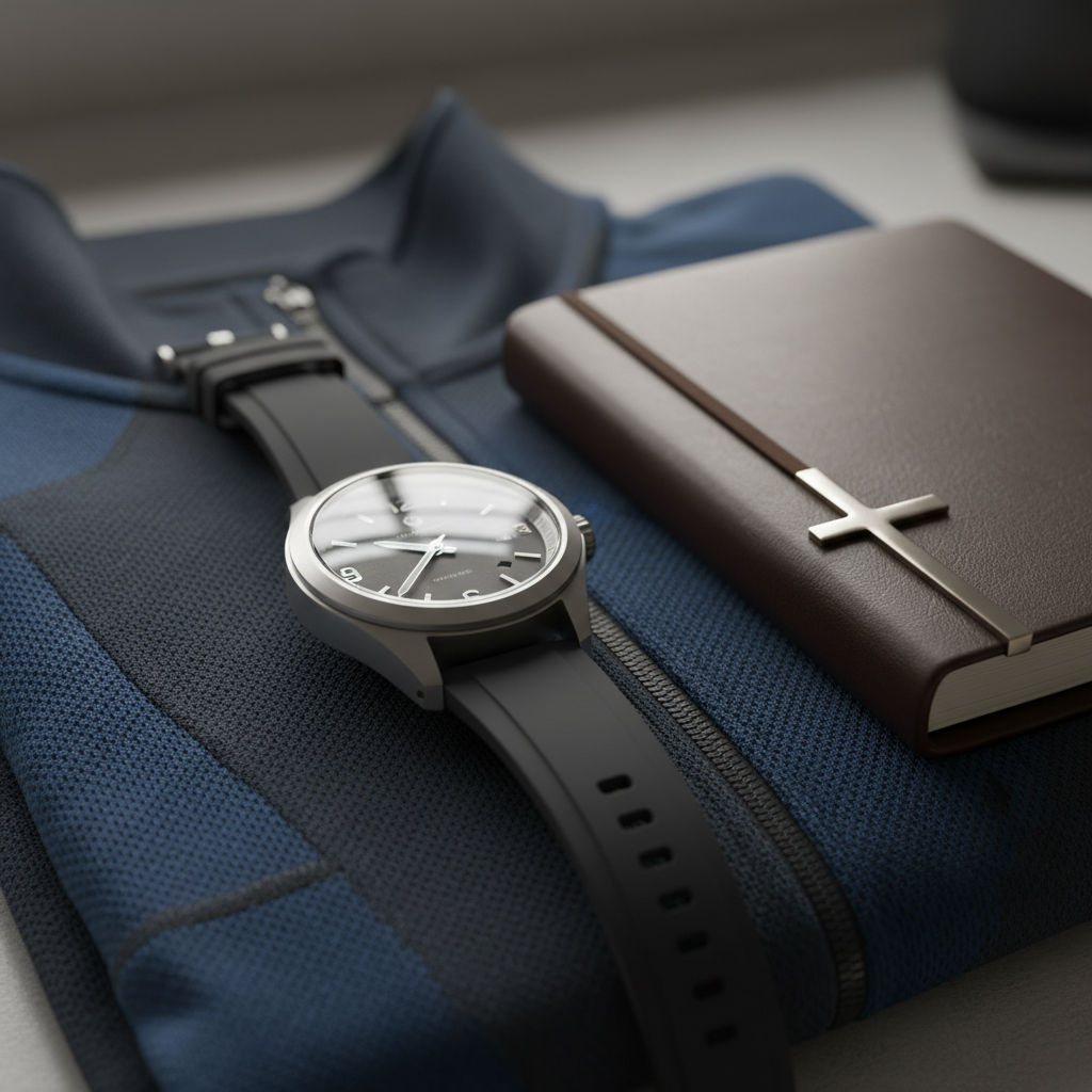 A detailed, close-up shot of a sports wristwatch with a brushed metal bezel and a dark, textured silicone band, resting on a folded, high-performance quarter-zip top. The watch face shows subtle engraved markings and a faint reflection of an unseen window. Nearby, a slim, leather-bound planner lies closed with a simple metallic bookmark shaped like an abstract cross, suggesting quiet faith and discipline. The garments feature fine stitching and breathable fabric panels in deep charcoal and steel blue. Soft side lighting from natural daylight creates delicate reflections on the metal and emphasizes fabric textures, with a blurred background of a neutral workspace. Photographic realism with shallow depth of field and rule-of-thirds composition communicates precision, time management, and a professional approach to sports fashion and life goals.